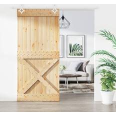 vidaXL Con Herrajes Madera Maciza De Pino 95x210 cm - Marrón Puerta Corredera Izquierda (x210cm)