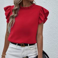 Röda - Tyg Blusar Shein Mock Neck Frill Trim Ruffle Blouse
