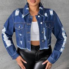 Shein Outerwear Shein Plus Ripped Raw Hem Denim Jacket