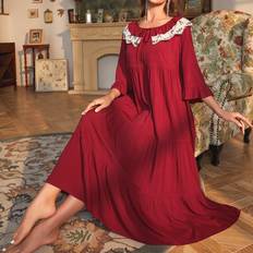 Dam - Röda Nattlinnen Shein Contrast Lace Flounce Sleeve Layered Hem Nightdress