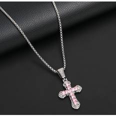 Shein 1pc Silver-color Cross Pendant Necklace For Men, Personalized Full Crystal Cross Sweater Men's Jewelry