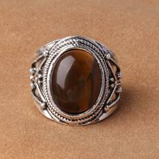 Natural Rings Shein 1pc Alloy Silver-plated Tiger's Eye Stone Ring, Natural Stone Vintage Holiday Style Ring