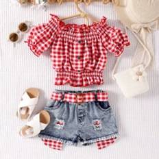 Best Other Sets Children's Clothing Shein Gingham Print Puff Sleeve Top & Ripped Denim Shorts Set - Multi