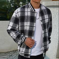 Shein Herr Kappor & Rockar Shein Men Plaid Print Striped Trim Drop Shoulder Overcoat
