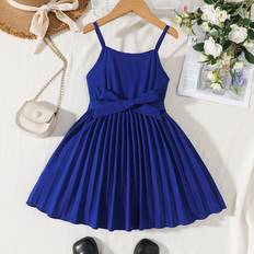 UV Protection Dresses Children's Clothing Shein Young Girl Casual Pleated Hem Detail Belted Blue Dress, Suitable For Summer