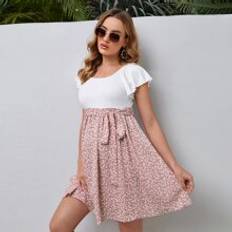 Shein Maternity Ditsy Floral Print Butterfly Sleeve Belted Dress