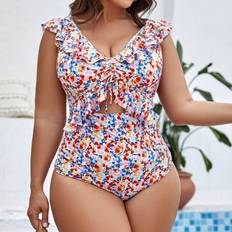 Shein Bademode Shein Plus Floral Print Ruffle Trim Drawstring Front One Piece Swimsuit