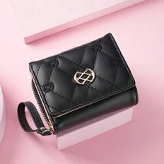 Shein Ladies' Black Short Zipper Wallet With Embroidery Trendy Multi-card Slot Clutch Purse