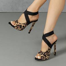 Dam - Multifärgade Sandaletter Shein Women Faux Suede Leopard Pattern Sandals, Peep Toe Stiletto Heel Ankle Strap Sandals