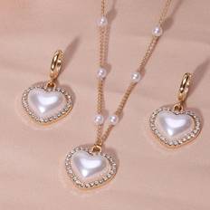 Jewelry Sets Shein Heart Shape Faux Pearls Jewelry Set With Pendant Necklace & Drop Earrings Inlaid Rhinestones Elegant Jewelry Set