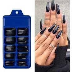 False Nails on sale Shein Get Glamorous Long Coffin Black Glossy Nail Press - Black