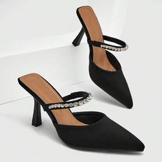 Shein Skor Shein Women Rhinestone Decor Point Toe Pyramid Heeled Pumps, Fashion Black Mule Pumps