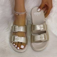 Silver Slides Shein Women Double Buckle Decor Slides, Fashion Outdoor Slides