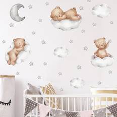 Shein Bear & Cloud Pattern Wall Sticker, Cartoon Self Adhesive Wall Art Decal