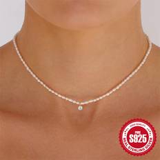 Shein 1pc Pearl Gemstone Zircon S925 Sliver Necklace Women Summer Decoration Fine Necklace