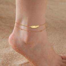 Fotlänkar Shein 1pc Women's Stainless Steel Feather Double-layer Beaded Anklet, Elegant & Fashionable Accessory For Beach In Summer, Birthday Gift