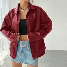 Cheap Coats Shein Casual OffShoulder Zipped PU Leather Coat