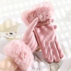 Pink - Women Gloves & Mittens Shein 1pair Cashmere Plush Mouth Gloves With Touchscreen Fingers, Fashionable Warm Winter Gloves For Women Driving