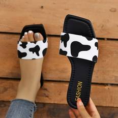 Slippers & Sandals Shein Women Cow Pattern Flat Sandals, Elegant Canvas Slide Sandals For Summer