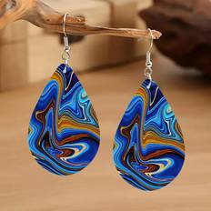 Blue Earrings Shein Double-sided Printed Wooden Droplet Shaped Ear Drop Earrings - Daily Wear