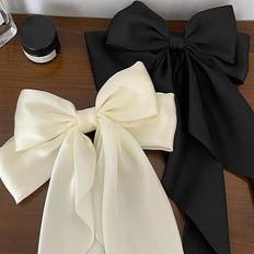 Shein 2pcs/set Women Ladies' Black & White Long Ribbon Bow Hair Clips