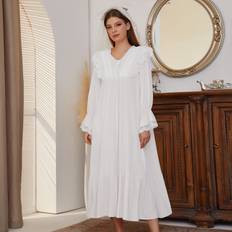 White - Women Nightgowns Shein Contrast Lace Flounce Sleeve Ruffle Hem Pajama Nightdress Long Dress