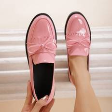 Dam - Rosa Loafers Shein Bow Decor Fringe Trim Slip-On Flat Loafers, Pink Preppy Style Solid Color Loafers With Bow For Women