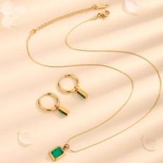 Green Jewellery Sets Shein Fashionable Luxurious Jewelry Set With Emerald Green Cubic Zirconia Rectangle Pendant - Emerald Green