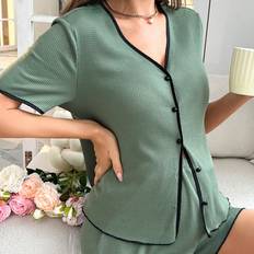 Graviditet & Amning Shein Maternity Contrast Binding Button Front PJ Set Pajama Set