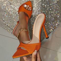 Dam - Orange Sandaletter Shein Women Single Band Stiletto Heeled Sandals, Fashionable Outdoor Fabric Mule Sandals