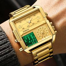 Shein 1pc Men Gold Business Multi Time Zone Waterproof Square Watch Double Display, For Daily Life Waterproof