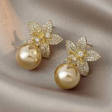 Beige Earrings Shein Rhinestone Flower Stud Earrings