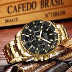 Shein 1pc Men Gold Fashionable Date Water Resistant Round Watch, For Daily Life