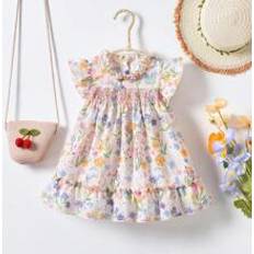 Cheap Dresses Shein Baby Floral & Rabbit Print Ruffle Trim Dress