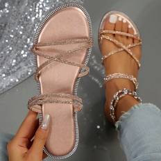 Shein Women Crystal Embellished Flat Sandals, Strap Two-way Wearing Slipper Sandals