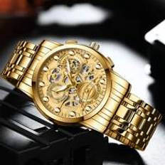 Shein 1pc Men Gold Casual Water Resistant Round Watch, For Daily Life