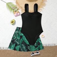 158/164 Baddräkter Shein Teen Girl Frill Trim One Piece Swimsuit With Tropical Print Beach Skirt