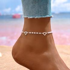 Silver - Women Anklets Shein Simple & Versatile Random Faux Pearl Heart Shaped Women's Anklet Valentines - Mom