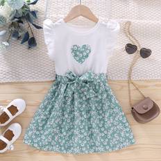 Multicoloured Dresses Children's Clothing Shein Young Girl Ditsy Floral & Heart Print Ruffle Trim Belted Dress