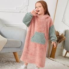 Shein Young Girl Two Tone Kangaroo Pocket Drop Shoulder Teddy Hoodie Dress