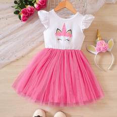 Pojkar Klänningar Shein Toddler Girls Cartoon Graphic Ruffle Trim Mesh Hem Dress