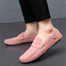 Men - Pink Low Shoes Shein 2023 New Trendy British And Korean Style All Seasons Men's Loafers, Suede Breathable Soft Bottom, Casual Sports Business Slip-on Penny Loafers