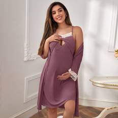 Shein Maternity Floral Lace Trim Robe and Slip Dress For Mother