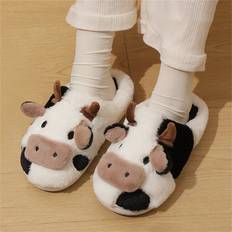 Slippers Shein Cute Cow Plush Slippers For Men And Women, Winter Warm Home Indoor Living Room Flat Slippers, Couple Cartoon Personality Slippers For Outdoor