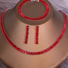 Red Jewellery Sets Shein Decorated Rectangle Shape Jewelry Set Necklace Bracelet Earrings - Suitable