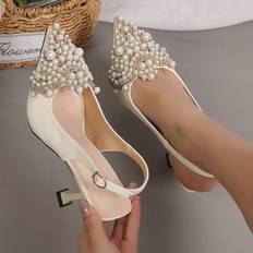 40 Pumps Shein Women Rhinestone & Faux Pearl Decor Point Toe Pyramid Heeled Pumps, Fashion Outdoor Slingback Pumps