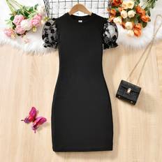 Black Dresses Children's Clothing Shein Teen Girls Contrast Floral Mesh Puff Sleeve Dress