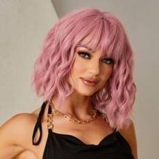 Pink Wigs Shein Pink Bob Wig For Women Curly Wavy Bangs
