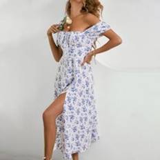 White - Women Dresses Shein Allover Floral Knot Split Thigh A-line Dress