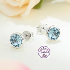 Children Earrings Shein 1pair 925 Silver & Natural Light Blue Topaz Stone Stud Earrings Suitable For Daily Wear